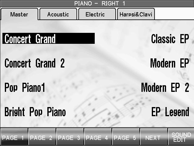 24 2) Selecting Sounds The Concert Performer has over 1000 instrument and drum sounds available from the front panel. You can freely assign any of these sounds to the four Parts.
