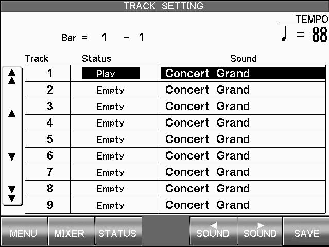 49 Track Settings The Track Settings screen shows you the Play, Record, and Mute status for each track. In addition it shows you what sound is assigned for the sixteen instrument tracks.