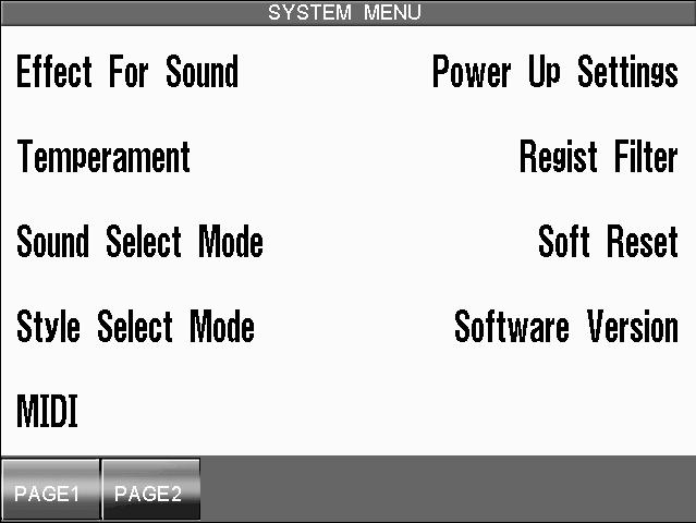99 7. System Menu The System Menu contains all of the functions that affect the overall performance of the CP piano. This includes functions such as the System settings, tuning, and MIDI Setup.