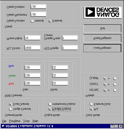 Figure 1 AD9884A Setup Software Screen Output Channel Mode You can set channel mode, which determines if output data is output on A port only, or both A and B output ports.