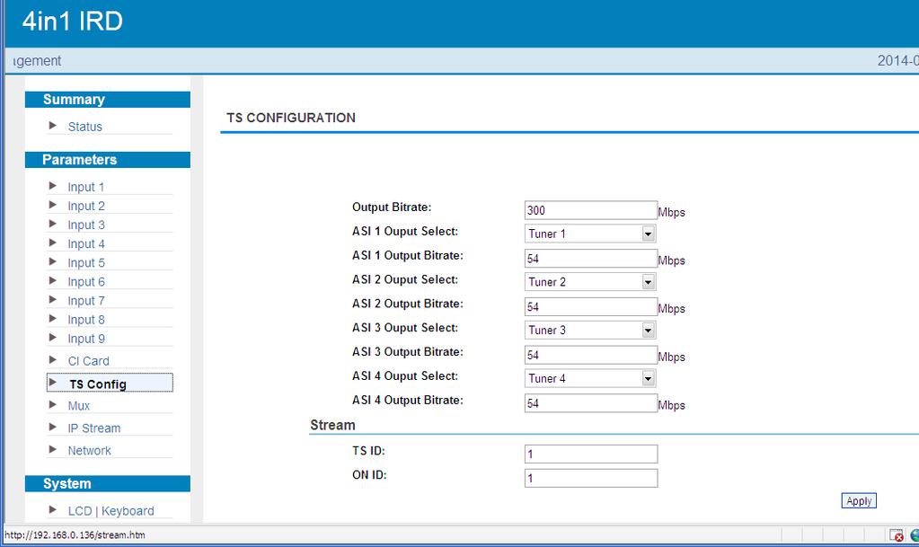 Parameters TS Config: From the menu on left side of the webpage, clicking TS Config, it displays the interface where users can configure the parameters of TS output through ASI port