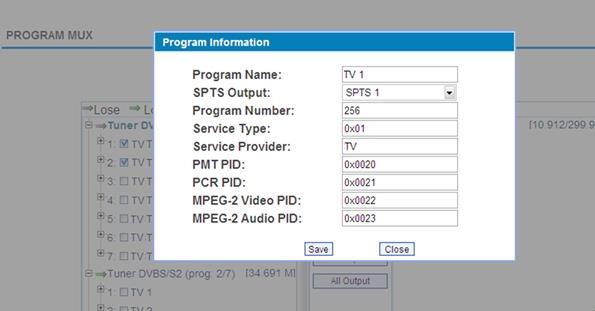 Program Modification: The multiplexed program information can be modified by clicking the program in the