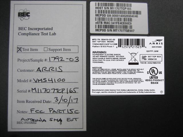 ARRIS Model VMS4100 Set Top Box Sample