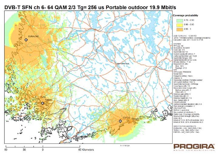 Implementation Scenarios / SFN extension Scenario 3b: for portable reception (with 64QAM) SFN, Large Area Planning exercise in Finland (Progira) 3 transmitter network,
