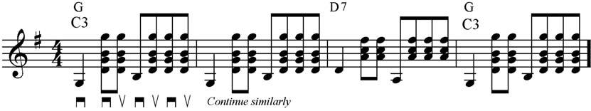 Example 2 (barré or bar chord with alternating bass) Example 2 can be played with the fingers (thumb plays bass note, index