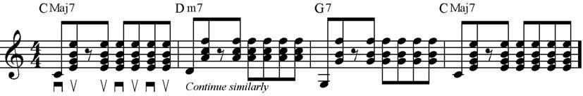 (C3 indicates a bar at fret 3) Example 3 (continuous rhythm) Example 3 can be played with the fingers (thumb plays bass