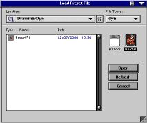 To Load a Preset: 1. Click MEM A or MEM B to choose the memory location from which to load the file. 2. Click and hold the MENU button. 3. Select Load Drawmer Dynamics to open a file.