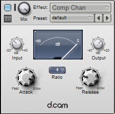 Increase the Input control to make the sound more compressed, and adjust the Output level as required. Use the Ratio, Attack and Release controls to affect the compression characteristics.