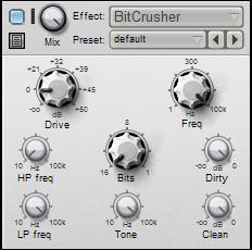 BitCrusher This effect emulates the digital distortion that occurs when lowering the bit-depth or sample-rate of an audio signal.