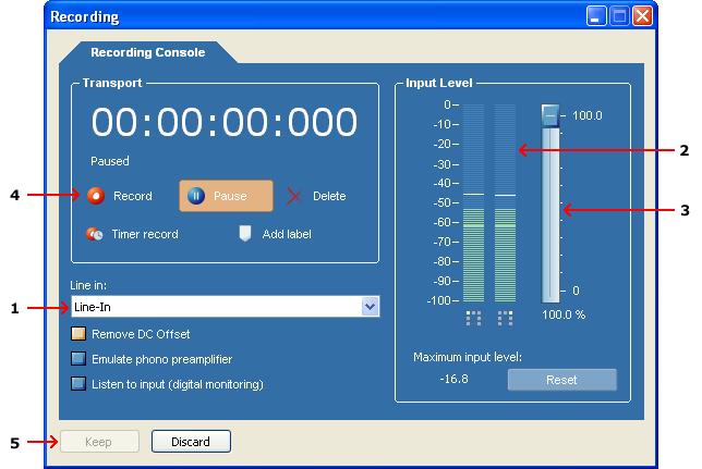 24 Acoustica Premium Edition User Guide The Recording dialog box Now make sure that the correct input line is selected in the line in combo box (1).