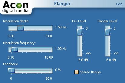Audio Processing 41 The Flanger settings Settings Modulation depth Amplitude of the modulating function. Modulation frequency Frequency of the modulation function.