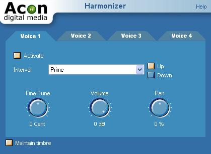 Audio Processing 45 The Harmonizer settings. Settings Activate Check this to activate the current voice. Interval The musical interval to transpose.