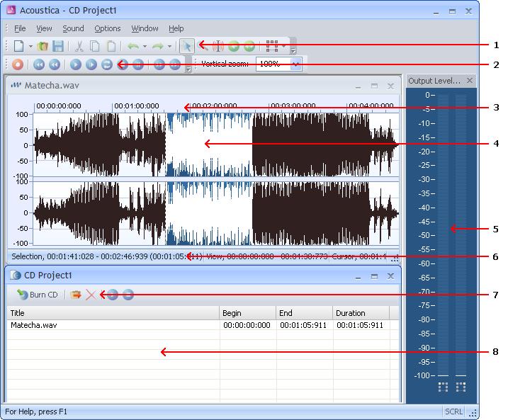 Basic Audio Editing 2 Basic Audio Editing This chapter describes the basic audio editing capabilities of Acoustica such as loading and saving files and editing using the clipboard or drag and drop. 2.1 The Acoustica Workspace The Acoustica workspace can contain several audio editing windows, CD projects or Cleaning Wizard projects.