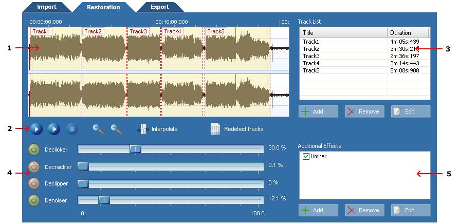 Using the Cleaning Wizard 71 The Restoration Page contains a waveform view of the recording and list of the tracks, as well as audio restoration and processing options. 1.