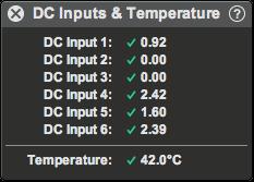 DC Inputs & Temperature panel The DC Inputs & Temperature panel displays readings from the Sentinel s six auxiliary voltage inputs.