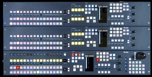 3 M/E Kula Production Switcher 3 M/E 24 & 16 Crosspoint Panels, 2 RU Switchable to 1 M/E 4K UHD 3 M/E 16 crosspoint control panel KEY FEATURES 3 M/E (1 M/E / 2 M/E / program / preview) production