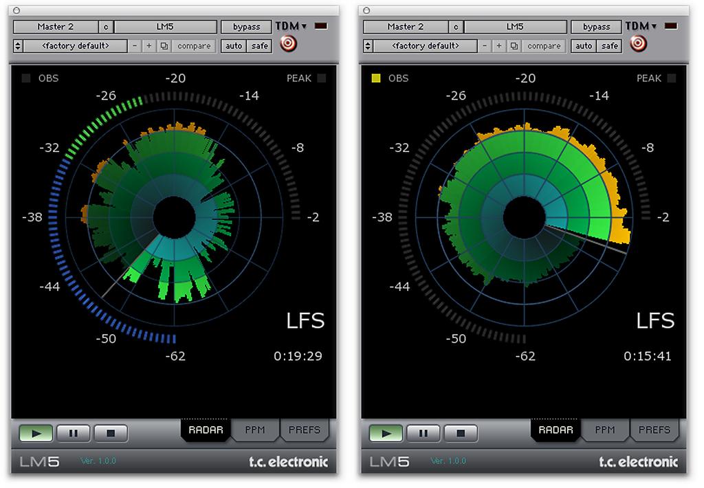 Fig 10, Examples of 5.1 movie left (Matrix) and stereo, classical music right (Bolero). Both examples are shown on a 12 minute per revolution Radar with 10 db between divisions.