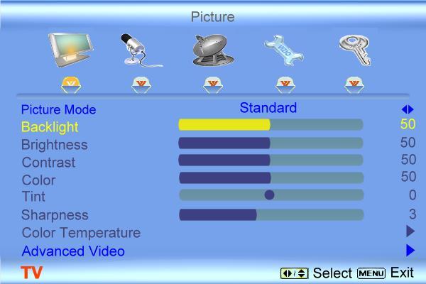 4.2 DTV / TV Input Picture Adjustment 4.2.1 Picture Mode When the MENU button is pressed, the On Screen Display (OSD) appears on the PICTURE menu.