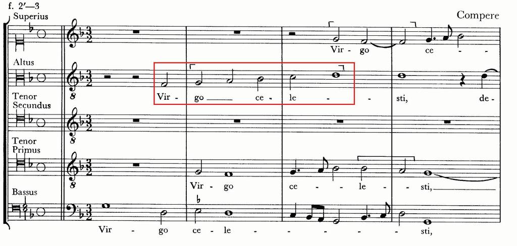 hexachord. Finally the second staff opens with a statement of the hard hexachord, followed quickly by two more natural hexachords, so a total of five lines defining a hexachord in two staves of music.