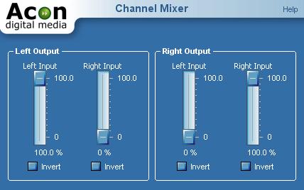 The channel mixer mixes the content of the left and the right channels with a user defined weighting. The weightings are individually adjustable for each channel. The Channel Mixer settings 5.1.