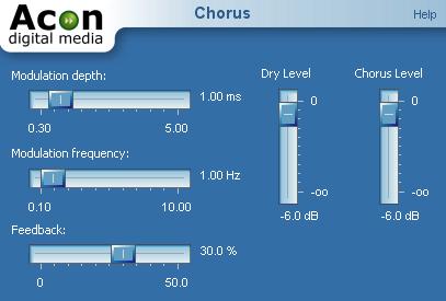32 AudioLava User Guide The Chorus settings Settings Modulation depth Amplitude of the modulating functions. Modulation frequency Frequency of the modulation functions.