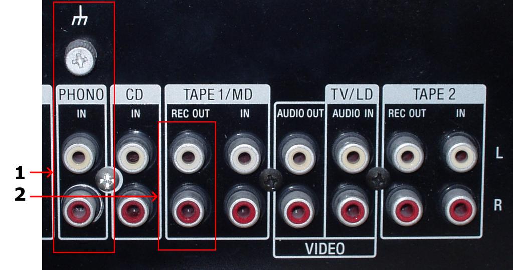6 AudioLava User Guide RCA connectors on an amplifier. Make sure the record player is properly connected to the phono input (1) and connect the sound card to the Rec Out connector (2)