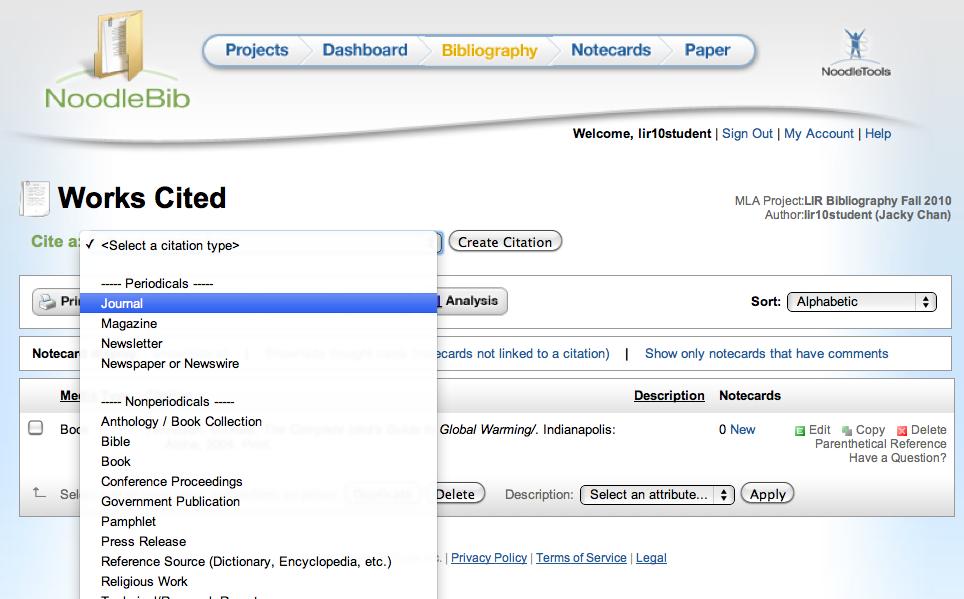 Step 8: Create a new citation to add to the list In the drop down menu (Select a citation type), select Journal