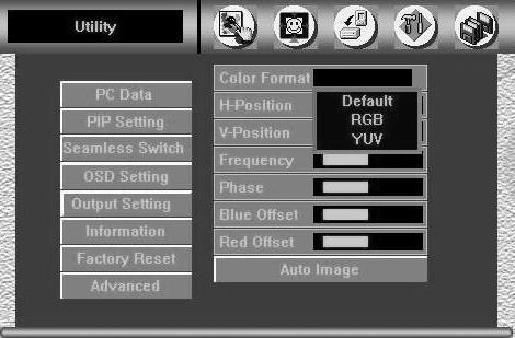 Operating the VP-740 via the OSD MENU Screen Figure 26: PC Data Utility Color Formats Screen The PC Data menu also lets you set the frequency 1, Phase 2, Blue Offset 3 and Red Offset 3.