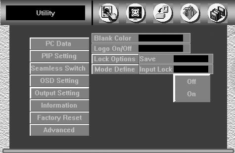 8.4.9 Choosing Advanced Operating the VP-740 via the OSD MENU Screen From the Advanced screen, select the blank color 1, choose whether the start up logo will appear on screen, and set the Mode