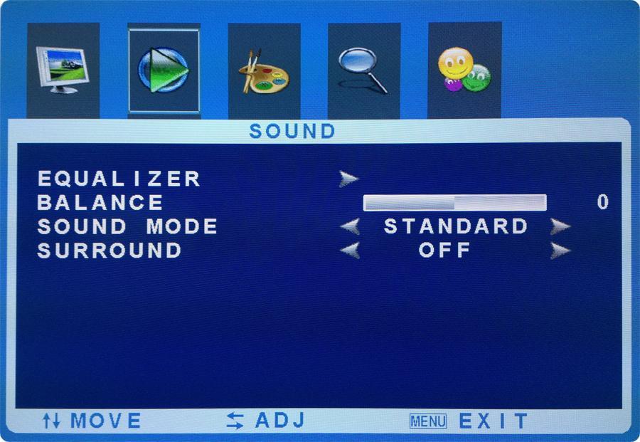 1.6.2 Sound Here you can set equalizer settings, balance, sound mode, surround. As with all settings these can be adjusted and changed back to default at any time.