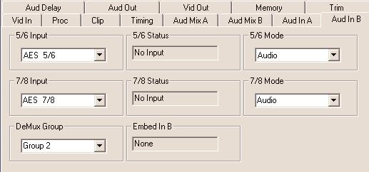 Use the Aud In B menu shown below for the 8415 to adjust the following parameters: 5/6 Input select the input audio source for Input 5/6. 7/8 Input select the input audio source for Input 7/8.