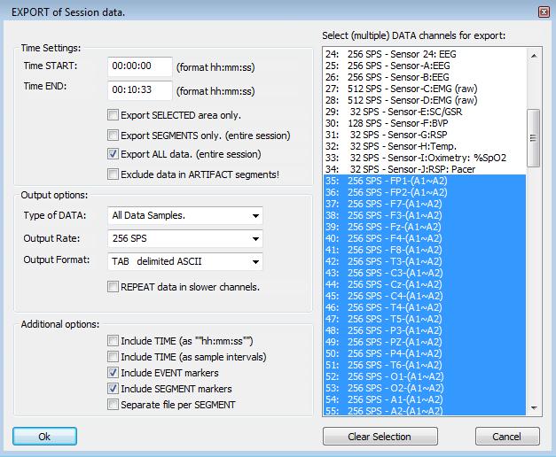 Exporting data Select File > Export Session Data. This will open the Export of Session data screen.