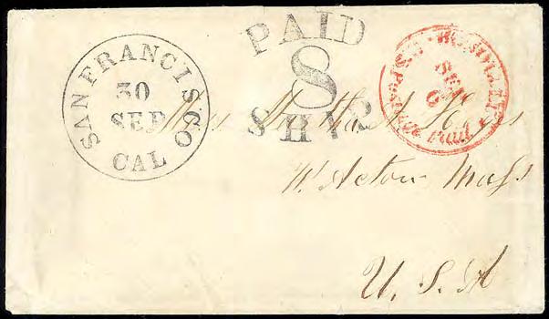 32.5 mm Diameter with CAL CDS July 1851 to November 1854 CDS data: 32.5 mm diameter Serif Font Day/Month CAL in all caps, without period Honolulu, U.S. Postage Paid, Sep 6, on cover to Mass.