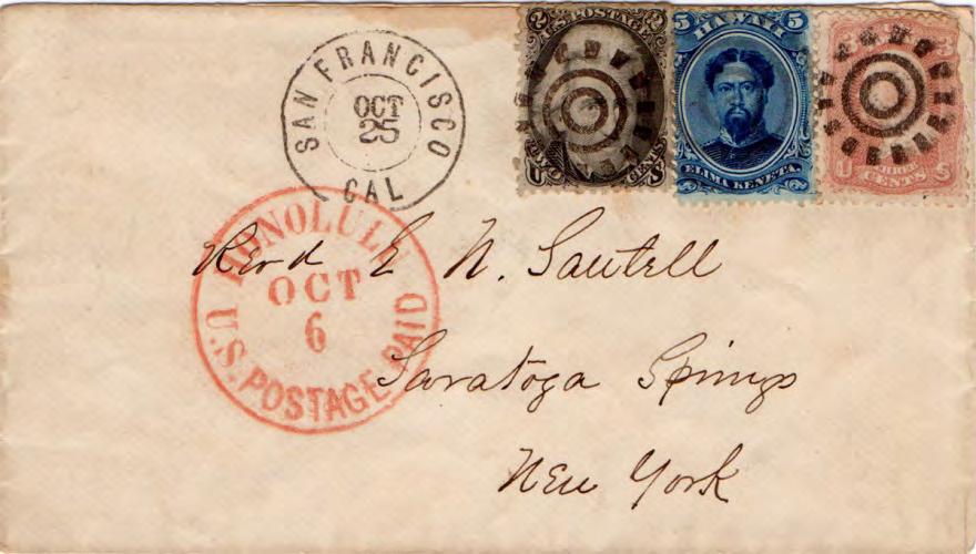 San Francisco Cogwheel In Conjunction with the DCDS Type III Cogwheel Honolulu U.S. Postage Paid Oct. 6 CDS OCT 25 SF DCDS, year is 1866 based on sailing dates 5c U.S. postage pays 3c domestic rate