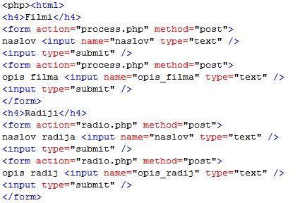 Slika 57: HTML koda znotraj»index.htm«za filme in radijske postaje. Ko smo napisali HTML kodo, smo še testirali samo spletno stran, in sicer na lokalnem naslovu http://www.127.0.0.1/vod.