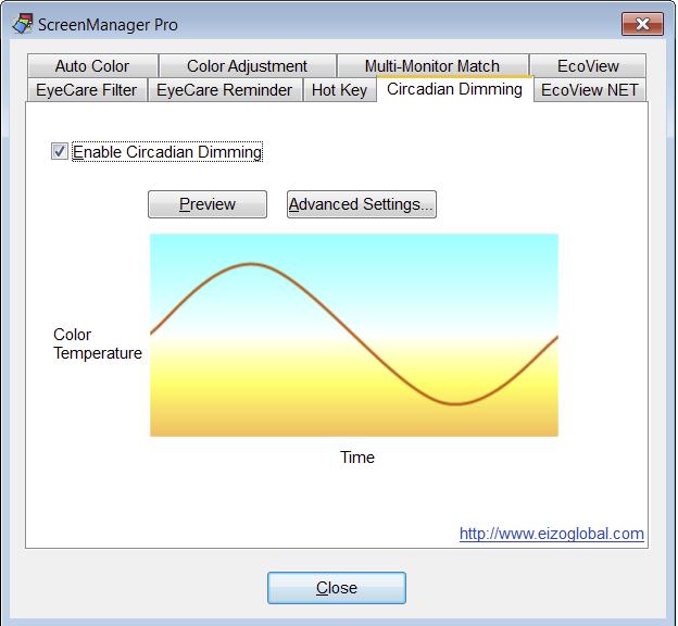 Chapter 11 Circadian Dimming This automatically changes the color temperature of the monitor in line with the circadian mechanism, and controls the amount of blue light emitted from the monitor.