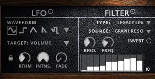 LFO & FILTER The advanced controls can be accessed by clicking anywhere on the Bontastic logo. To close the advanced controls, click on the small down arrow \/ at the bottom of the control window.