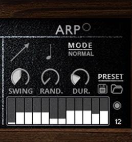 ARPEGGIATOR The ARP section lets you create, save and load your own arpeggios, rhythmic patterns and step sequences. To turn it on, click the radio button next to the ARP label.
