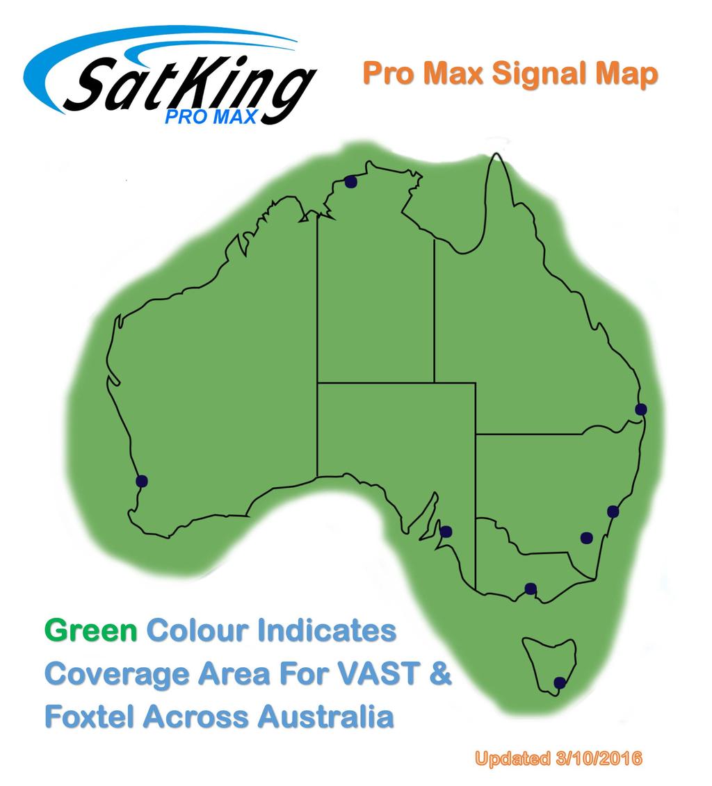Coverage Explained The SatKing Pro Max has recently been upgraded to now provide coverage across all of Australia (excluding the tip of Cape York) for all VAST and Foxtel channels.