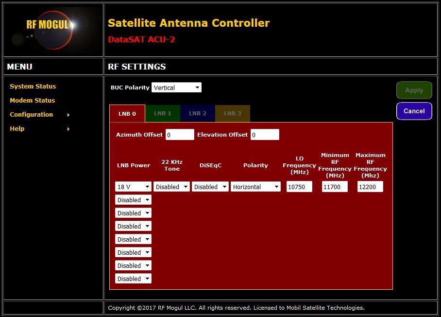 Move the mouse to highlight Configuration then select RF Settings. The RF Settings page, above, must be configured correctly for the Antenna to find Satellites.