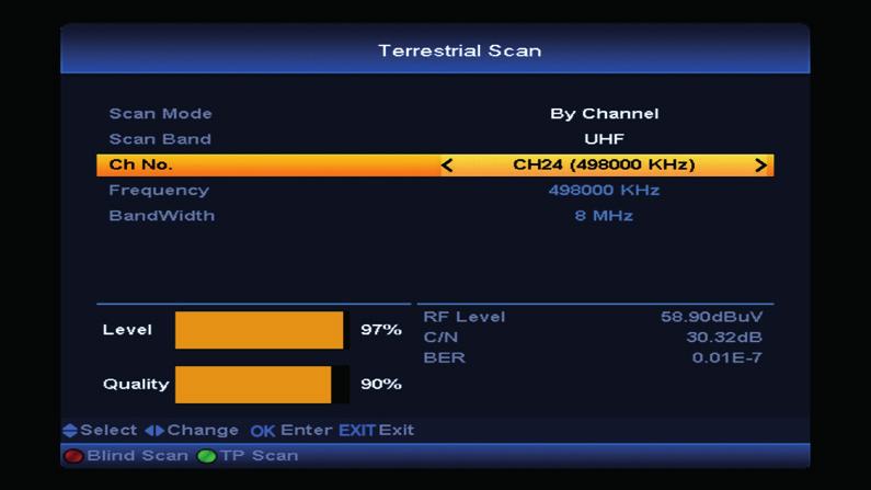Select terrestrial transponder 4Terrestrial Scan, the user can perform a manual or automatic scan,