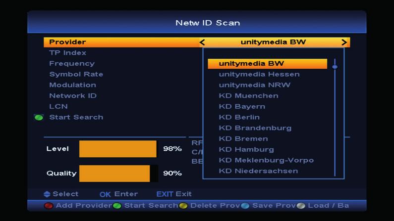 Use & key to scan 4Cable Full-Scan, starts a full scan and allow you to enter a providers NIT