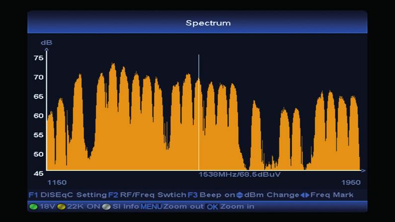 Use keys (CH+) or (CH-) to adjust reference level Change span mode using Menu key or OK key 4DVB-S2 spectrum, real time spectrum preview with SI fetch capability assures a hassle free satellite setup.