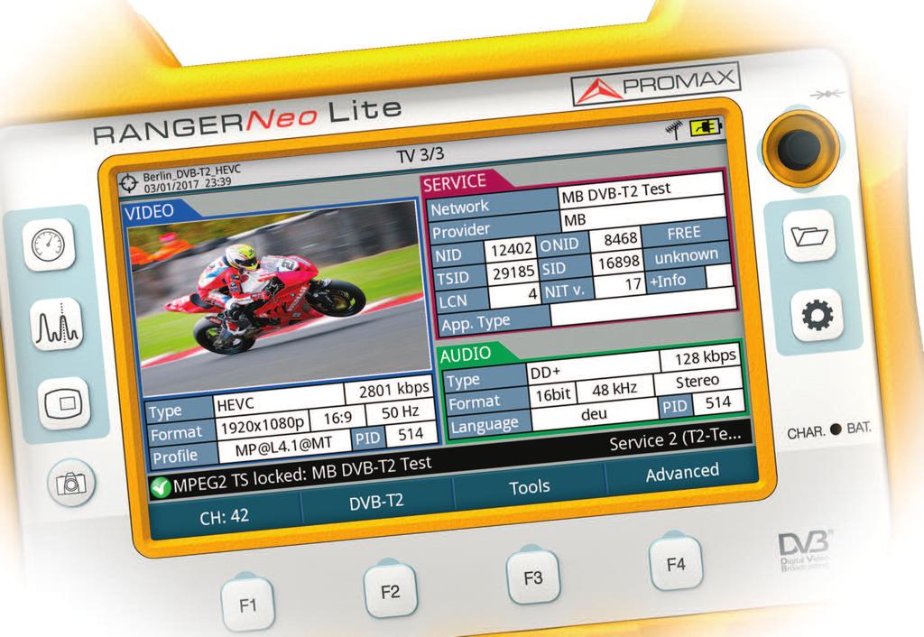 One step further in HDTV HEVC H.265 DECODING High Efficiency Video Codec ranger Neo lite is the new industry-standard in field strength meters and TV analysers.