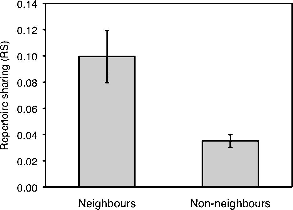 Mean (± SE) repertoire sharing between neighbouring (N = 6) and nonneighbouring (N = 15) males. account for differences between individuals in numbers of identified song types, ranged from 0.01 to 0.