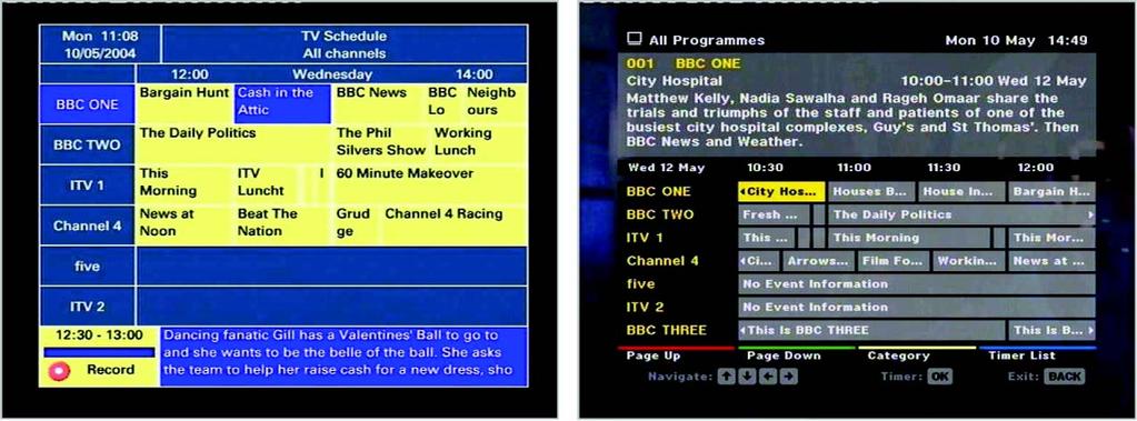 Figure 2 Screenshots of two EPGs for the same morning, taken from two makes of UK DTT set-top boxes require a text-to-speech converter (synthesizer) at the user's end, plus an agreed data format from