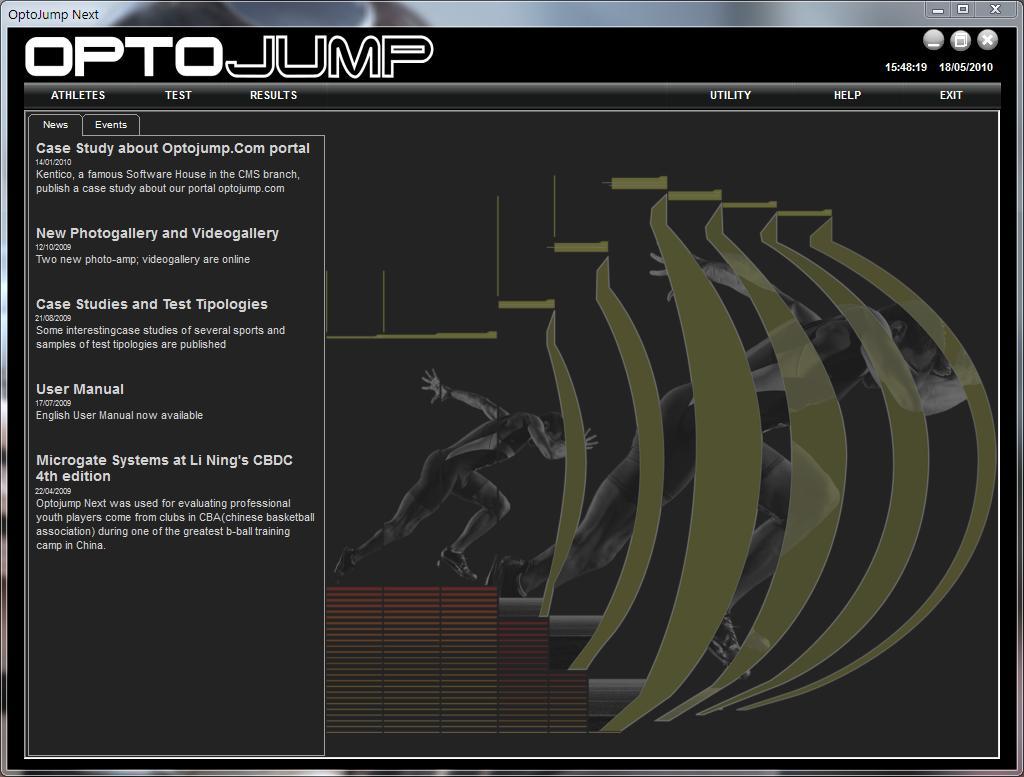 3 DESCRIPTION The welcome screen of the OptoJump Next software shows a horizontal bar with the most important menu items and an area with News and Events, which are automatically updated from the web