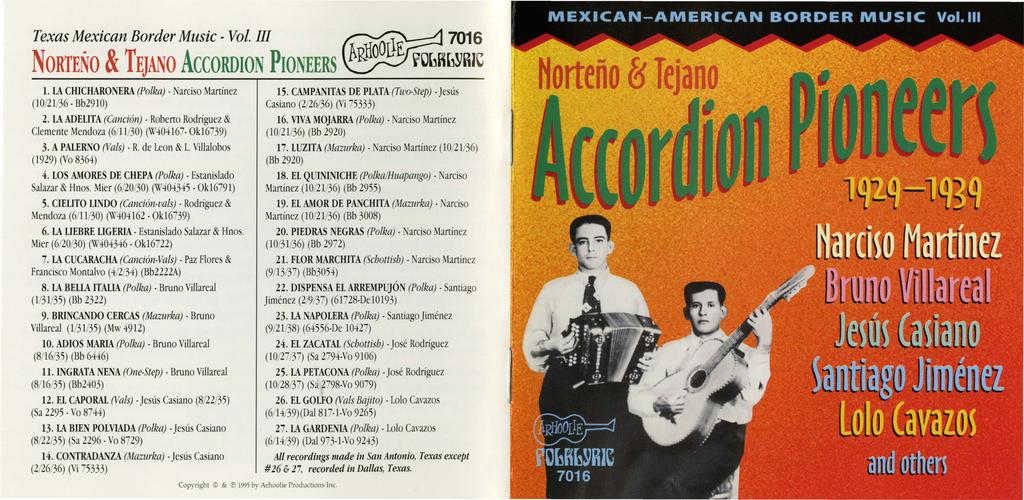 MEXICAN-AMERICAN BORDER MUSIC Vol. Ill Texas Mexican Border Music- Vol. III ill OlE NoRTENO &TEJANO AccoRDION PIONEERS bru 0 D 1. LA CHICHARONERA (Polka) -Narciso Martinez (!Ot21136 - Bb2910) 2.