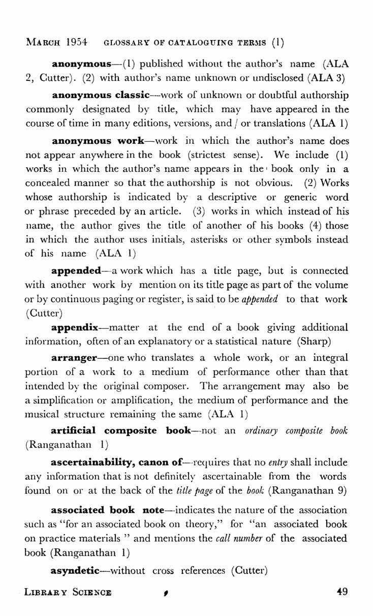 MARCH 1954 GLOSSARY OF CATALOGUING TER~IS (1) anonymous-c-f l) published without the author's name (ALA 2, Cutter).