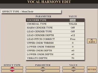 5 Edit the Vocal Harmony. 6 [1 ]/ [2 ] [3 ] [5 ] EFFECT TYPE PARAMETER Re-selects the Vocal Harmony Type. Selects the parameter you want to edit. See below.